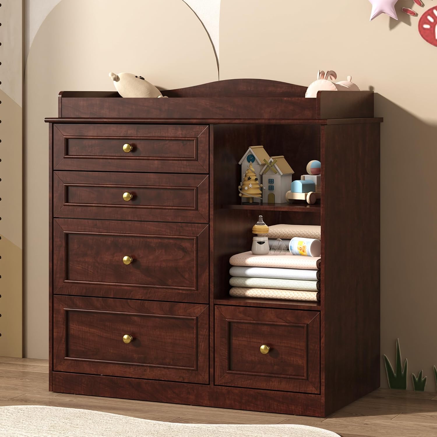 Baby Nursery Dresser Changing Table - Verzorgingskastje voor babykamer, luiertafel, bruin, op