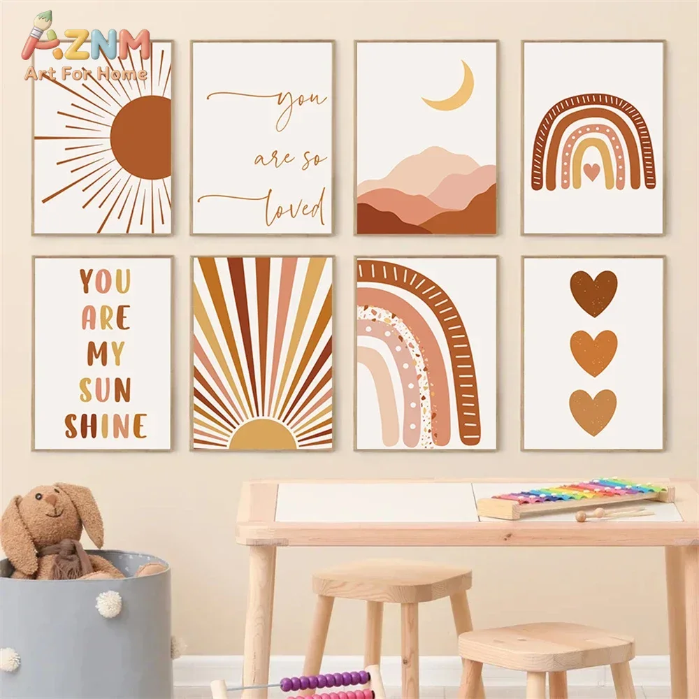 Baby Nursery Wall Art - AZNM Boho Zon Maan Regenboog Canvas