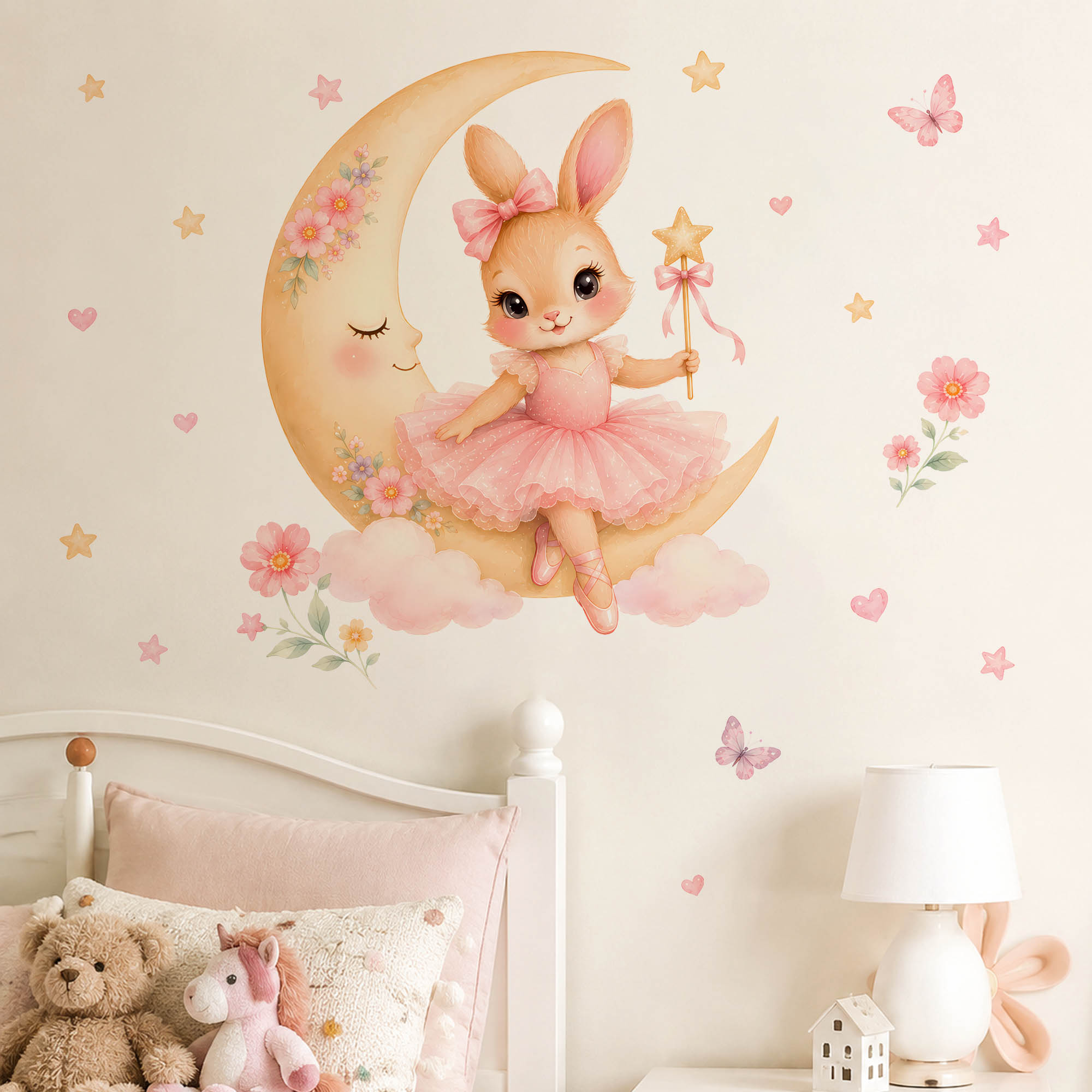 Baby Girl Nursery Quotes - Waterverf Ballerina Konijn Maan Wandstickers Roze
