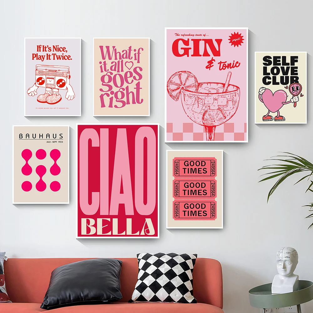 Baby Nursery Wall Art - Eenvoud Vintage Roze Cartoon Print Canvas