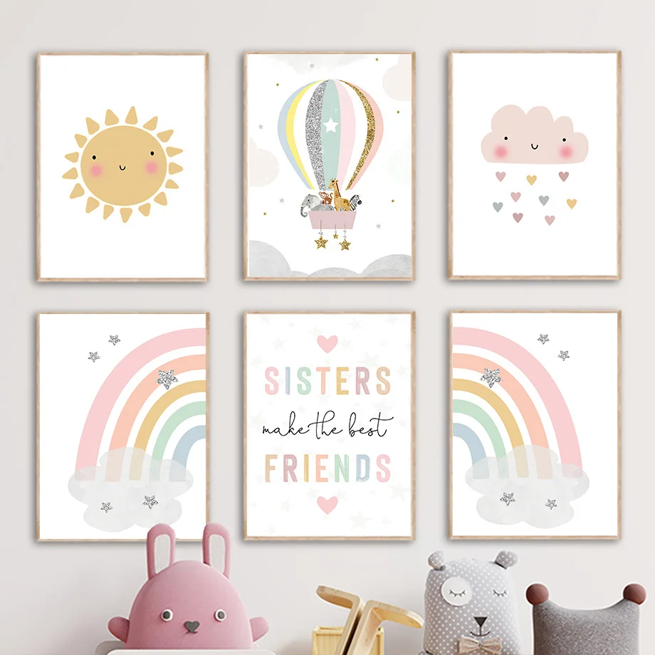 Baby Nursery Fabric - Giraffe Olifant Heteluchtballon Zon Regenboog Kinderkamer