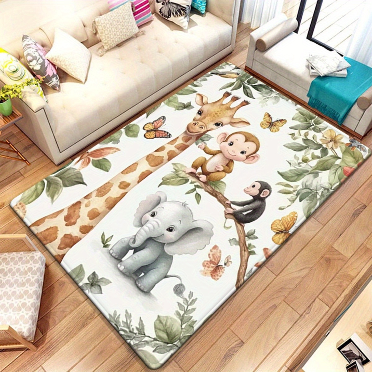 Baby Nursery Jungle Rug - Aquarel dieren jungle print vloerkleed kinderkamer