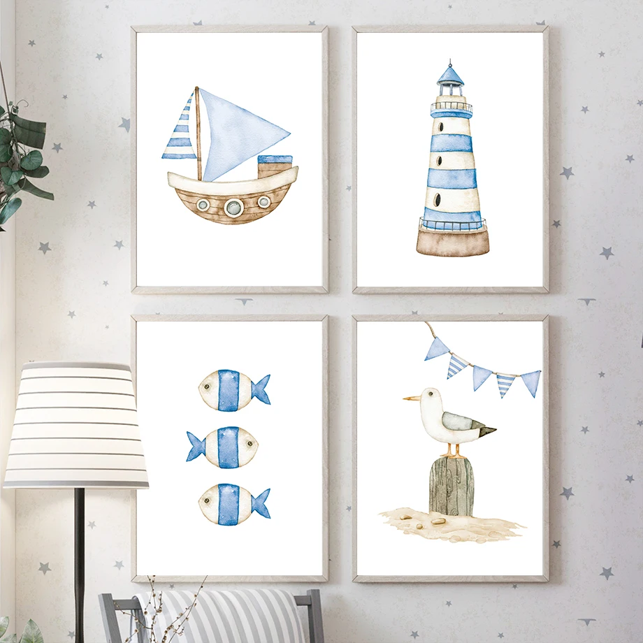 Baby Nursery Wall Art - Zeilboot Vuurtoren Vis Nautische Kinderkamer Posters