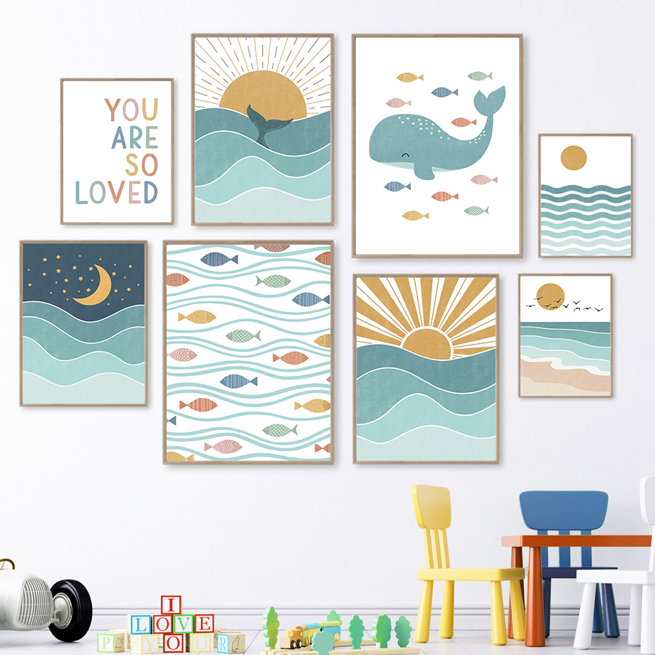Baby Girl Nursery Quotes - (2D canvas schilderij) Vis Walvis Zeemeeuw