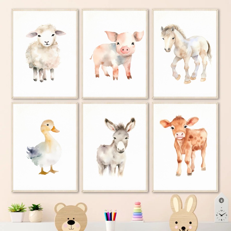 Baby Nursery Fabric - Aquarel Boerderijdieren Baby Paard Eenden Schapen