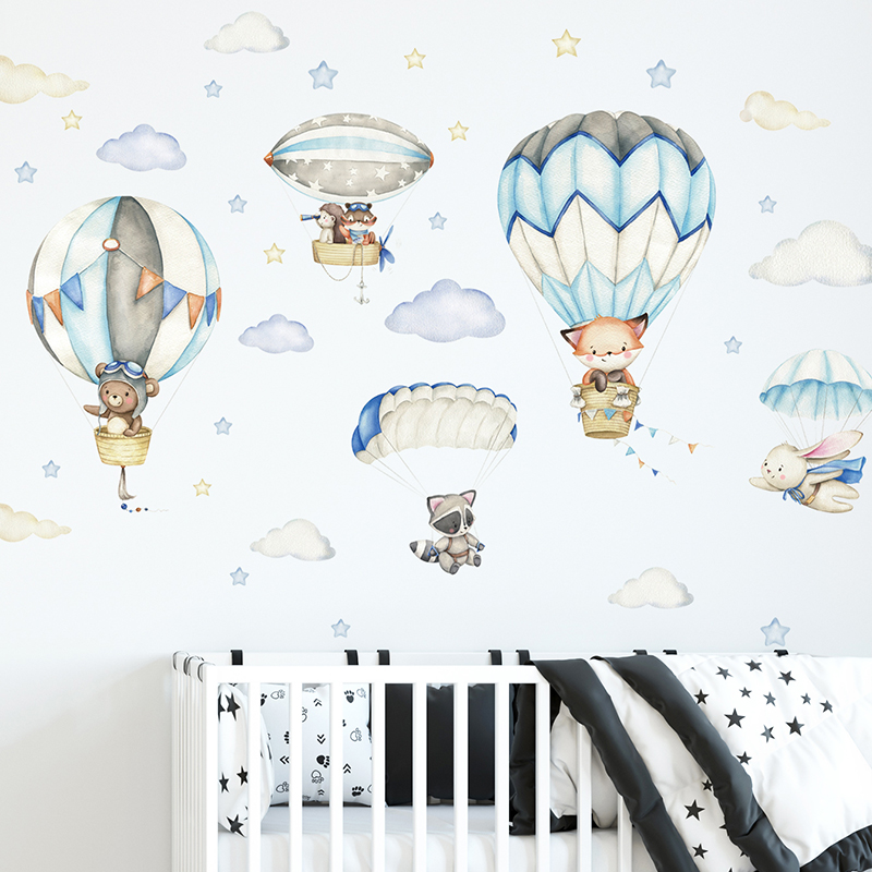 Baby Nursery Vinyl - Cartoon Schattige Dieren Luchtballon Muurstickers voor