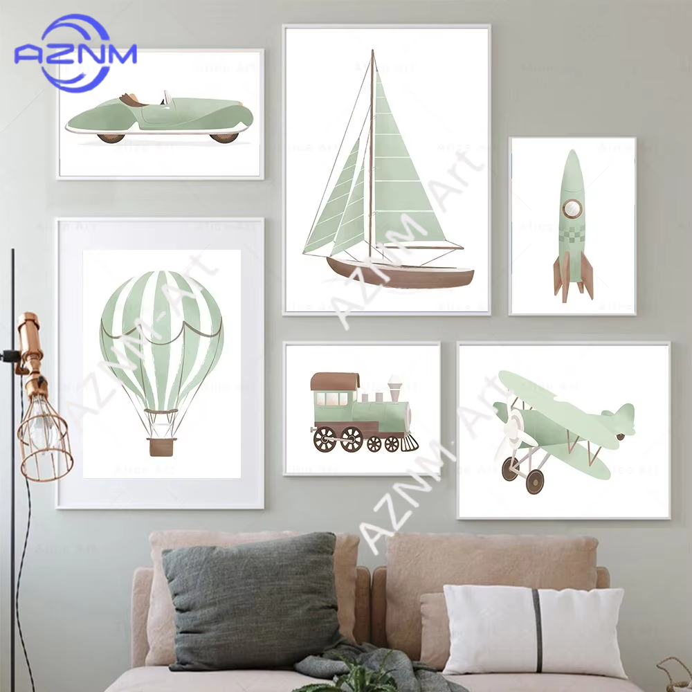 Baby Nursery Wall Art - 1PC Vliegtuig Heteluchtballon Nautische Zeilboot Muurkunst