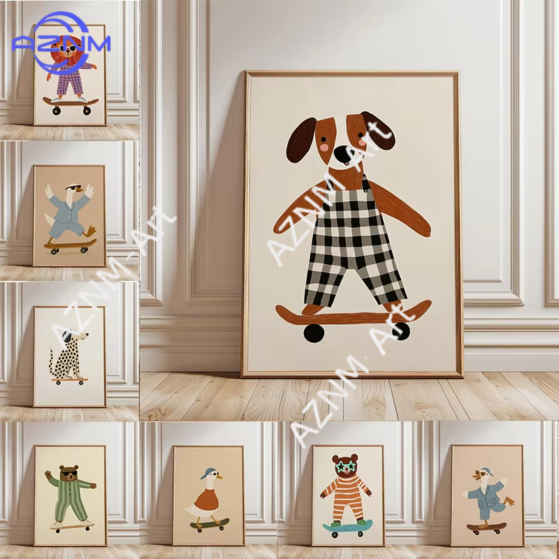 Baby Nursery Wall Art - 1PC Grappige Dieren Skateboarden Poster Trendy