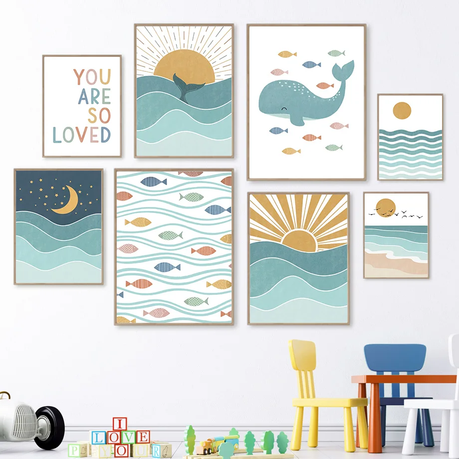 Baby Girl Nursery Quotes - 1pc frameloze Vis Walvis Meeuw Zonsopgang