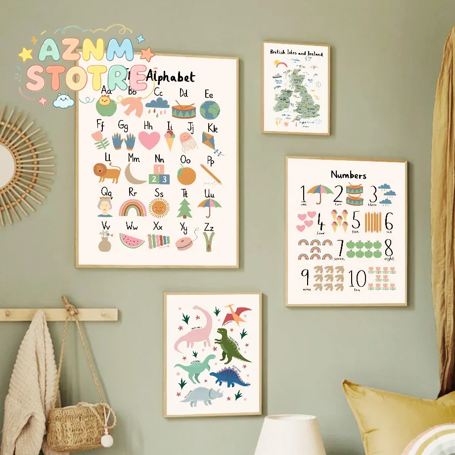 Baby Nursery Fabric - Dierenwereldkaart Dinosaurus Alfabet Nummer Canvas Wandkunst
