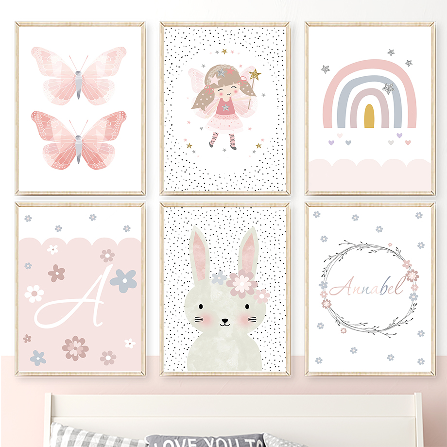 Baby Nursery Wall Art - Schattig meisje konijn bloem vlinder regenboog